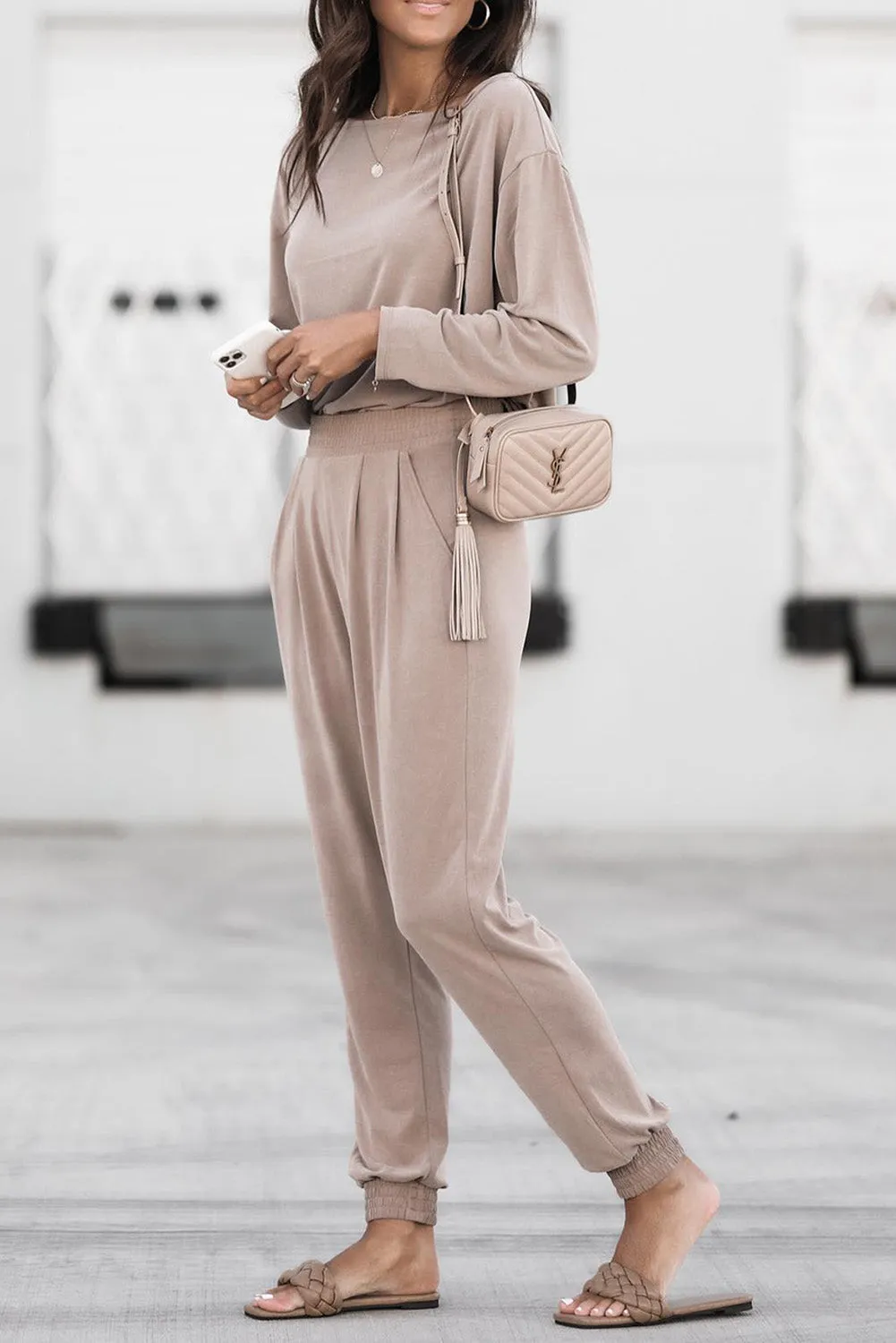 Khaki Casual Pullover and High Waist Pants Outfit