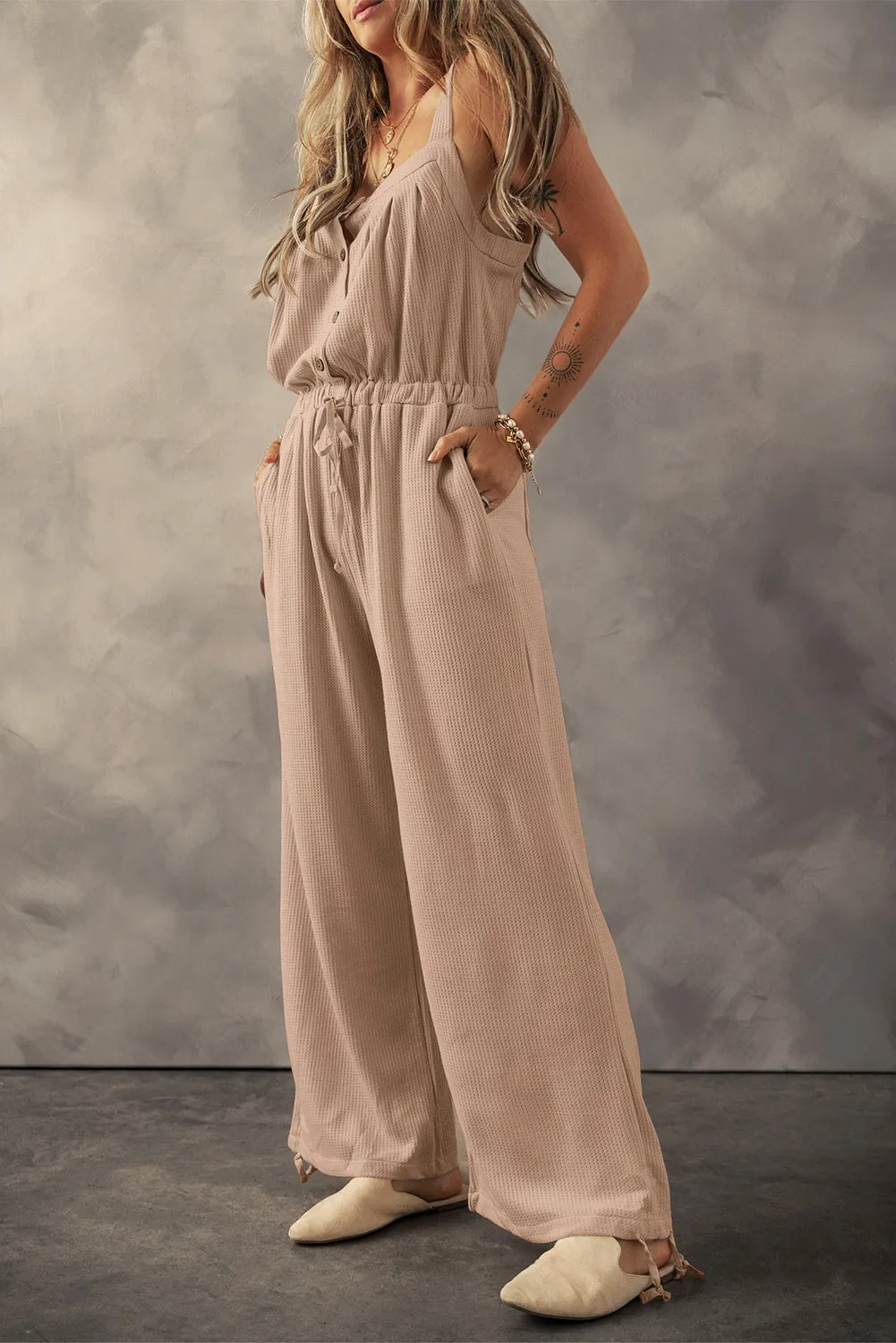 Khaki Knotted Straps Button Textured Drawstring Jumpsuit