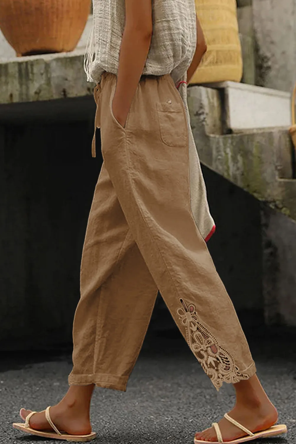Khaki White Lace Splicing Drawstring Casual Cotton Pants