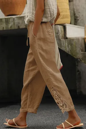 Khaki White Lace Splicing Drawstring Casual Cotton Pants