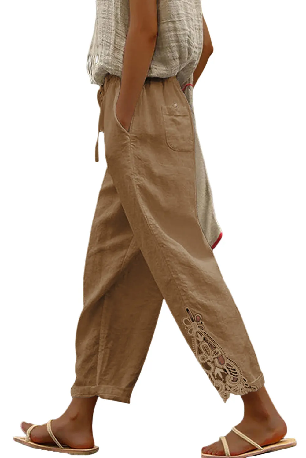 Khaki White Lace Splicing Drawstring Casual Cotton Pants