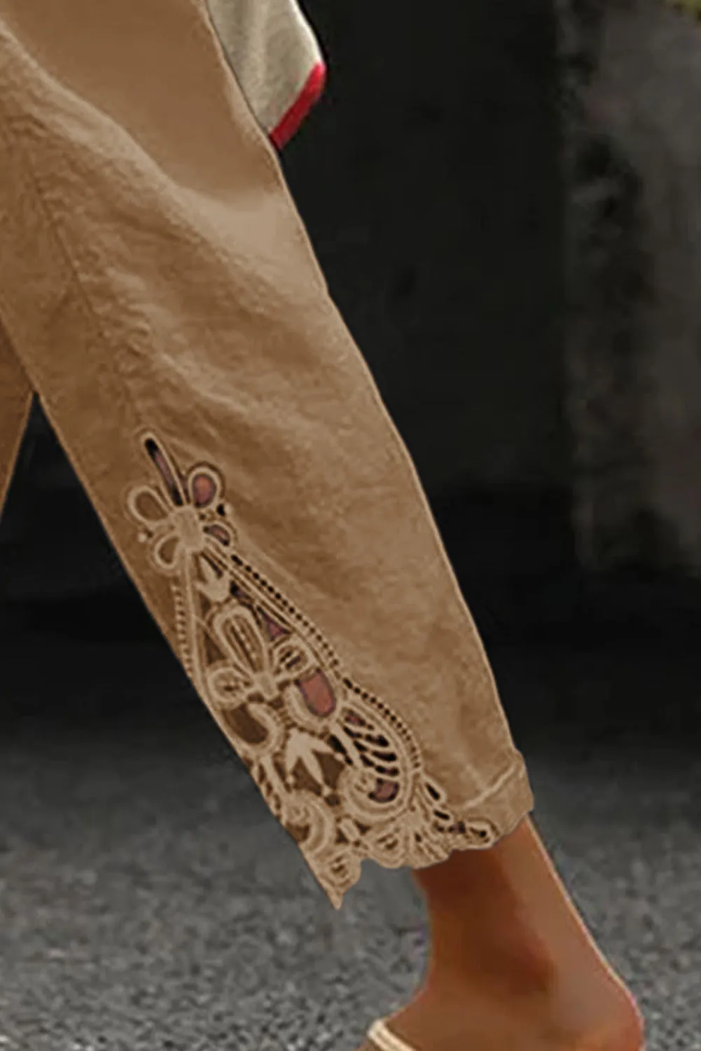 Khaki White Lace Splicing Drawstring Casual Cotton Pants