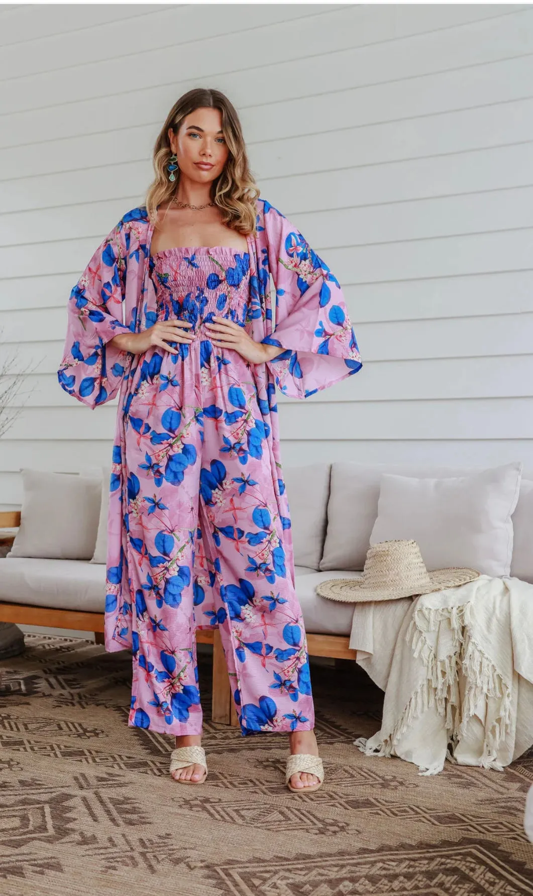 Kimono Wrap Bold Floral Mauve/Blue