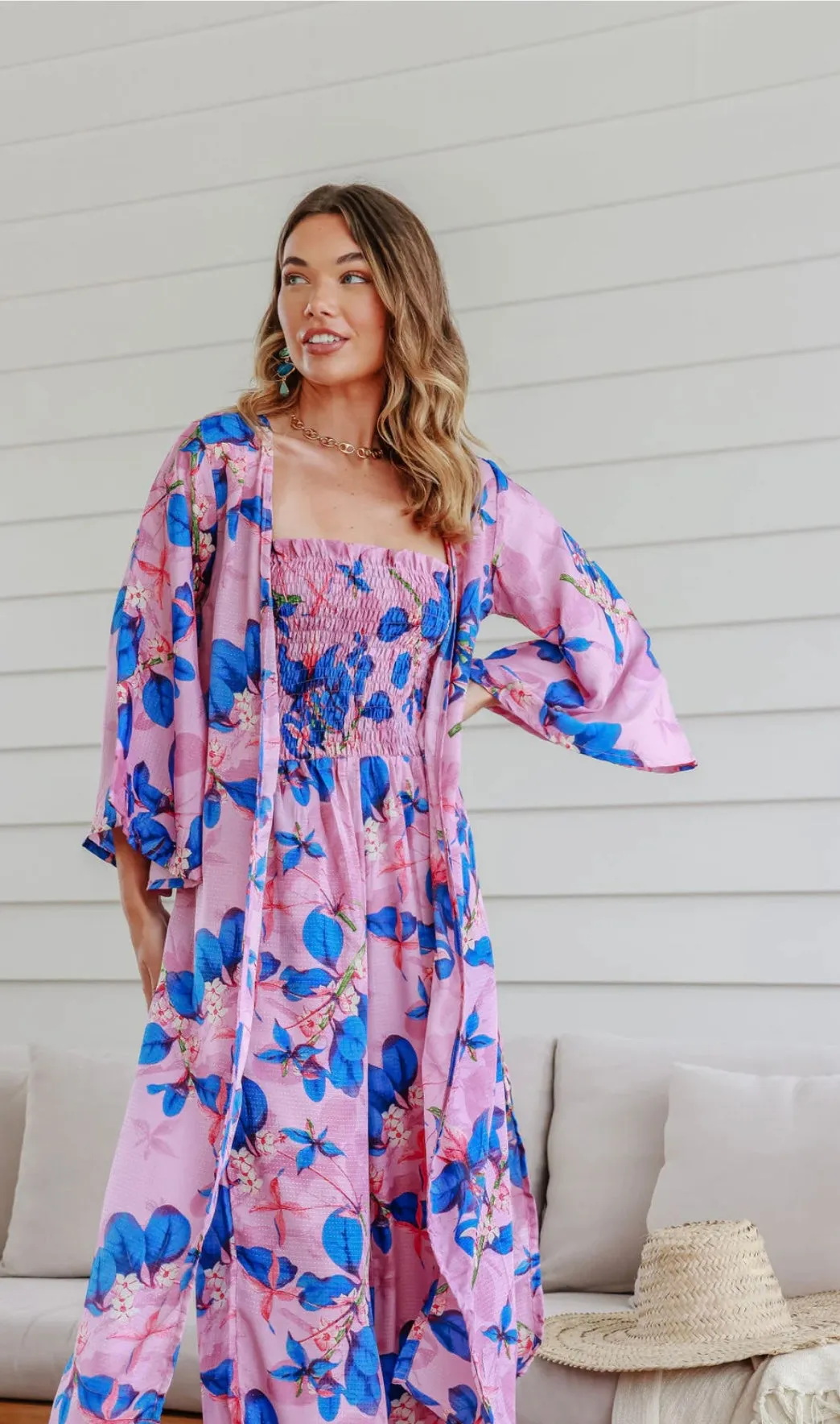 Kimono Wrap Bold Floral Mauve/Blue