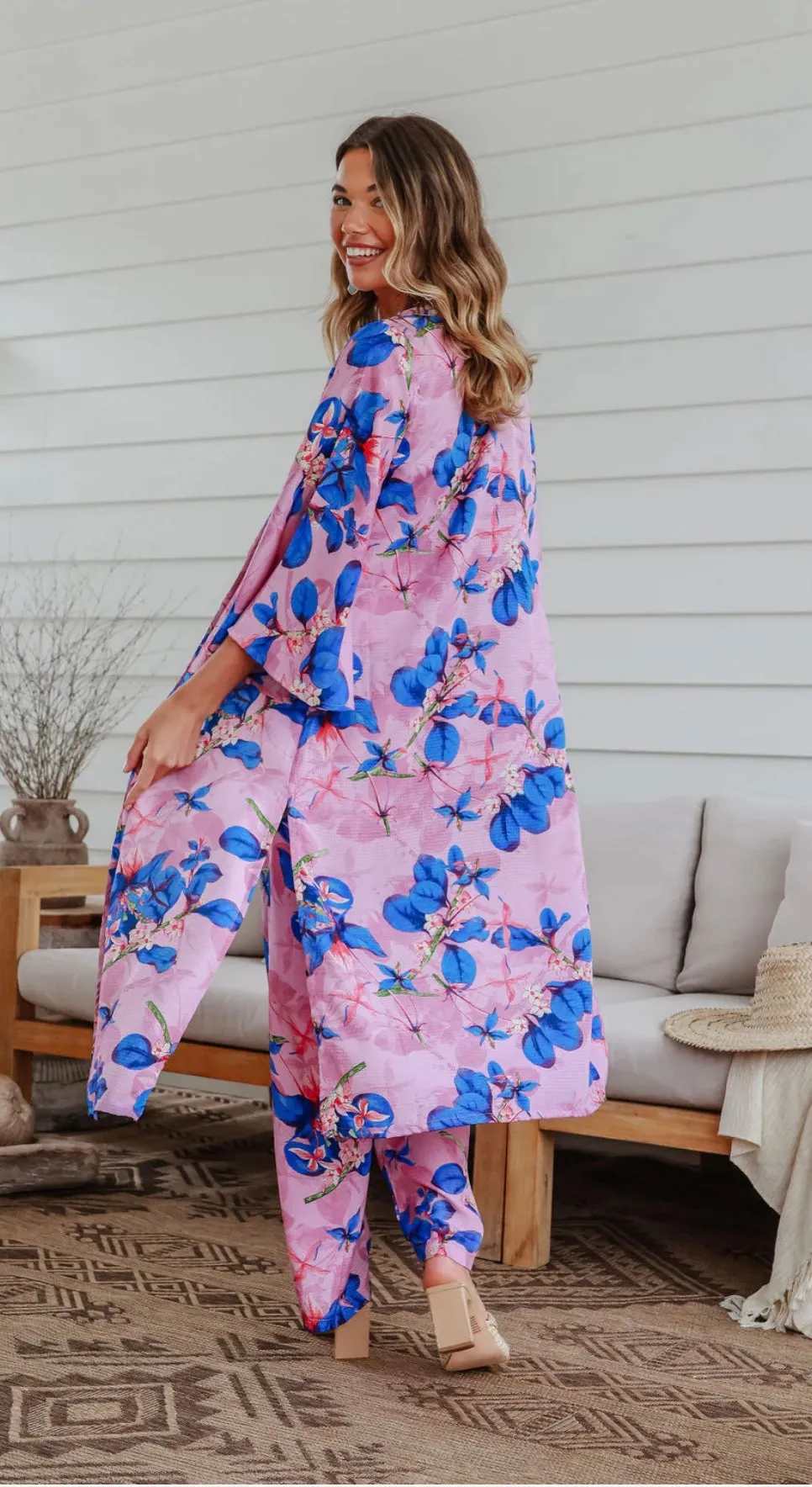 Kimono Wrap Bold Floral Mauve/Blue
