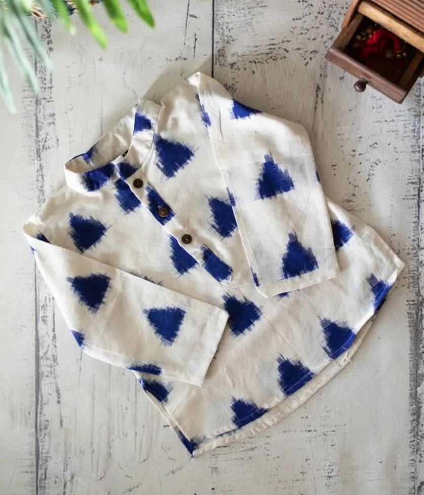 Klingaru Full Sleeves Short Kurta - Off-white Blue Tikon Double Ikat