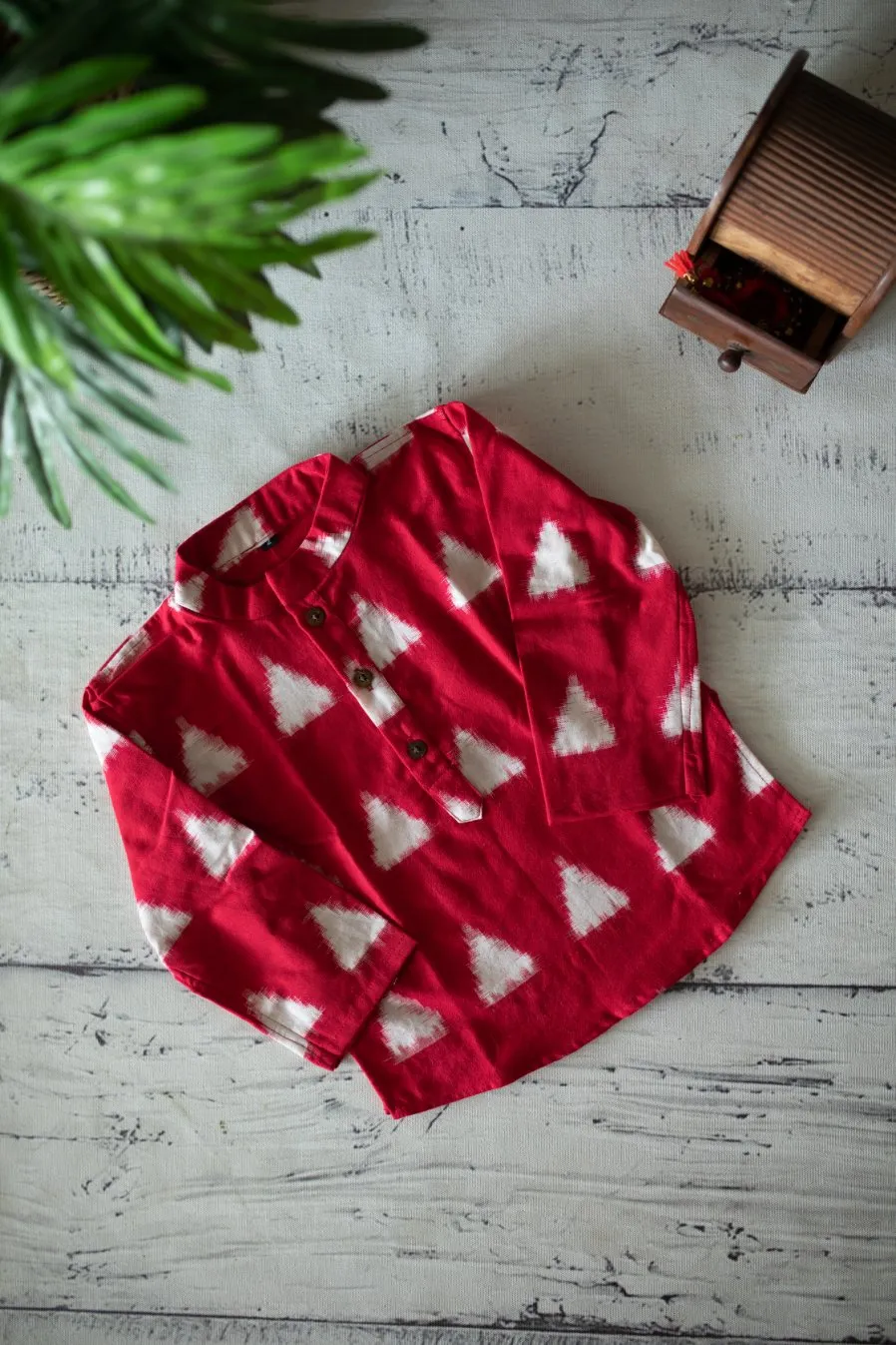 Klingaru Full Sleeves Short Kurta - Red Tikon Double Ikat