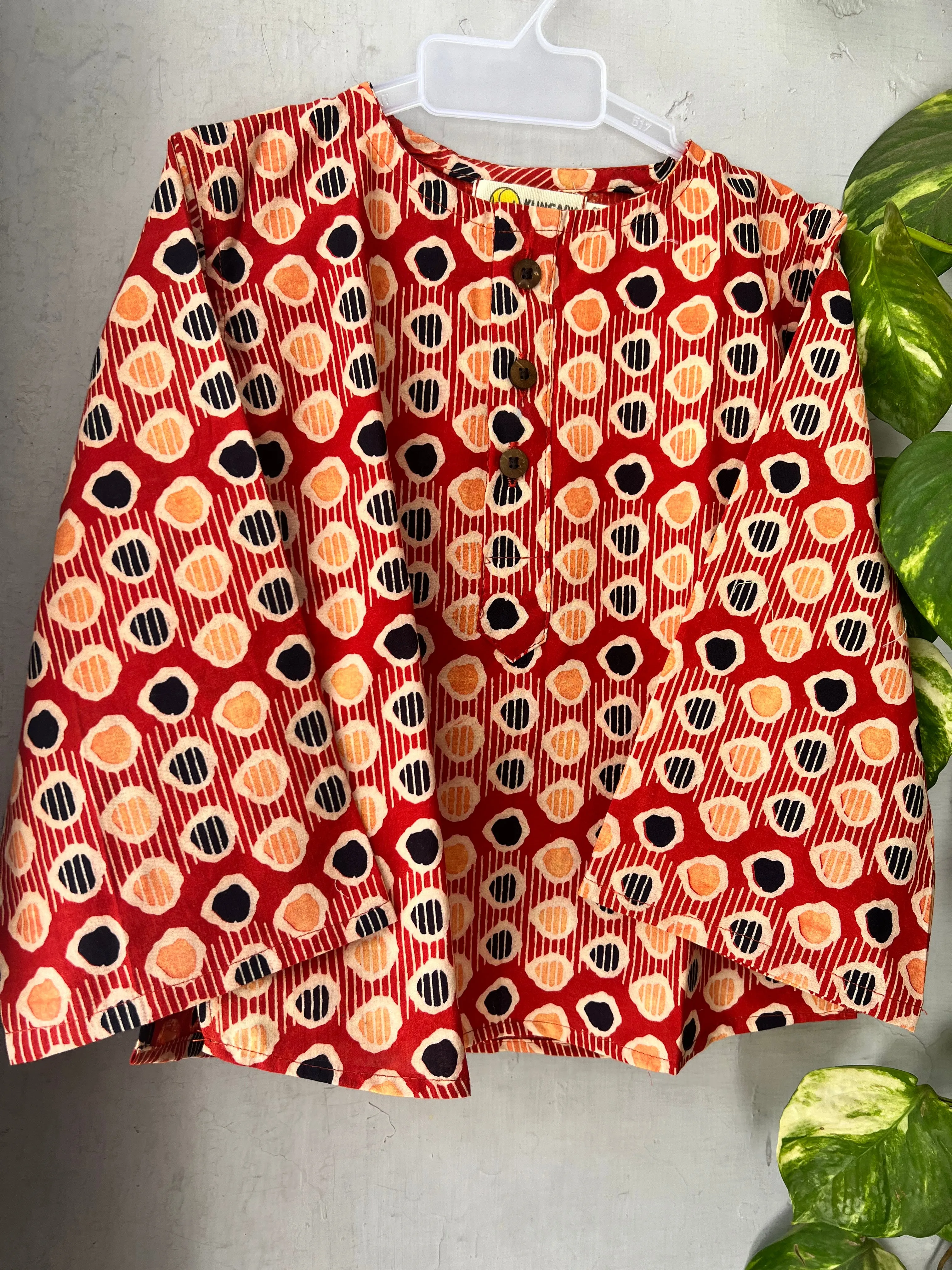 Klingaru Full Sleeves Unisex Short Kurta - Brick Red Dabu Polkas