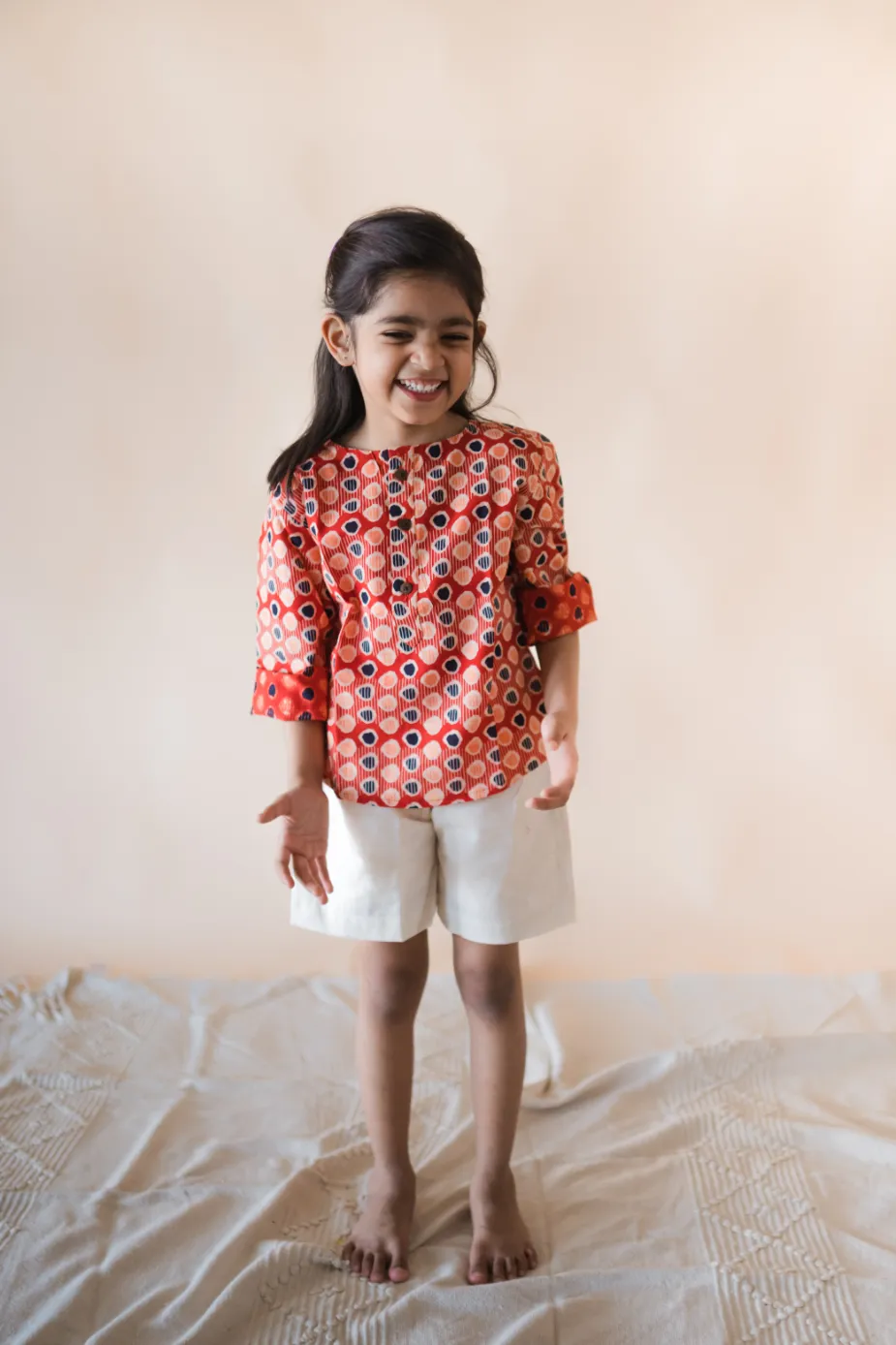 Klingaru Full Sleeves Unisex Short Kurta - Brick Red Dabu Polkas