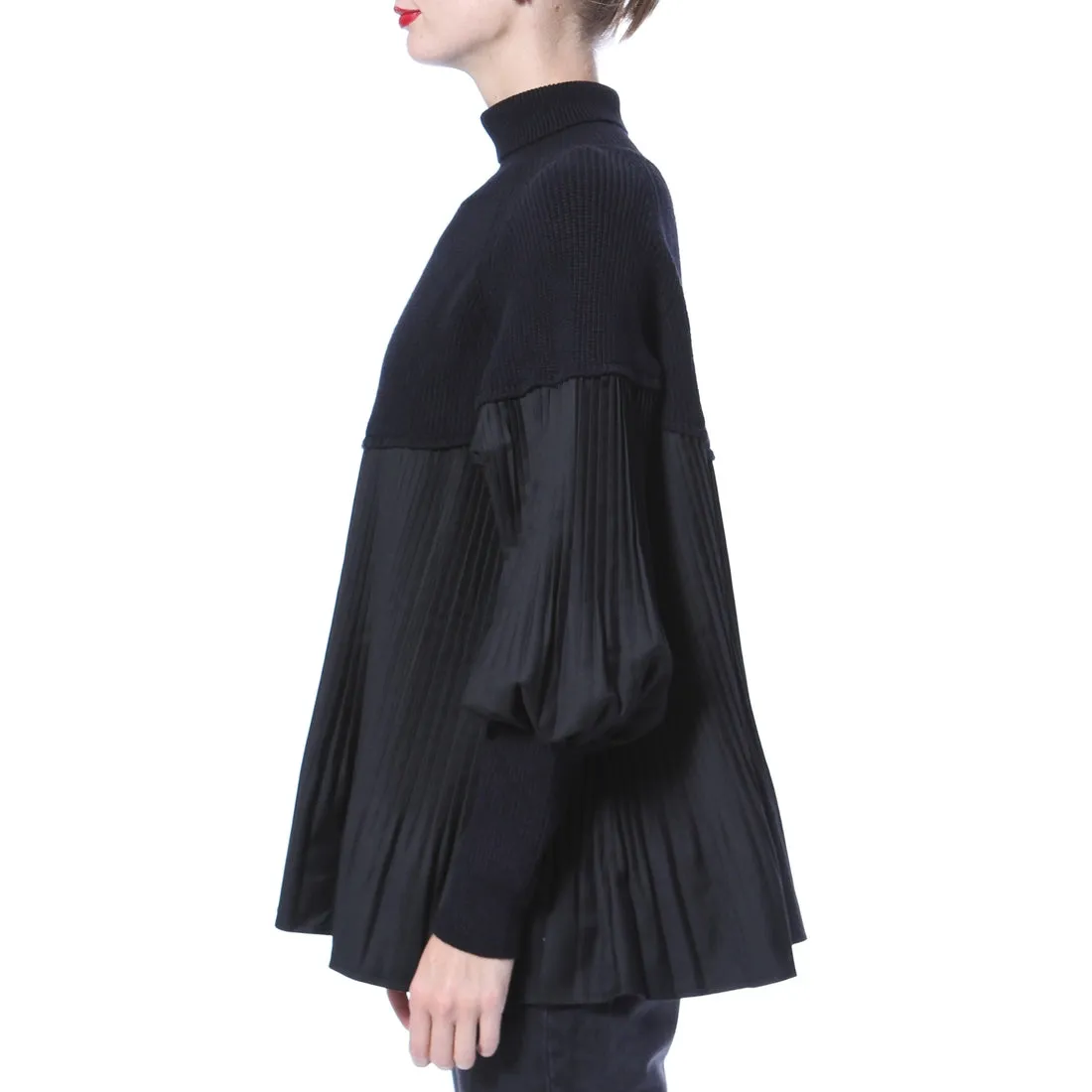 Knit Woven Sweater Tunic with Pleated Bottom
