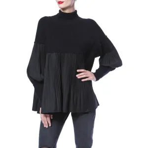 Knit Woven Sweater Tunic with Pleated Bottom