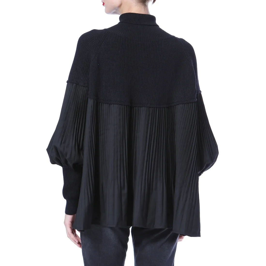 Knit Woven Sweater Tunic with Pleated Bottom