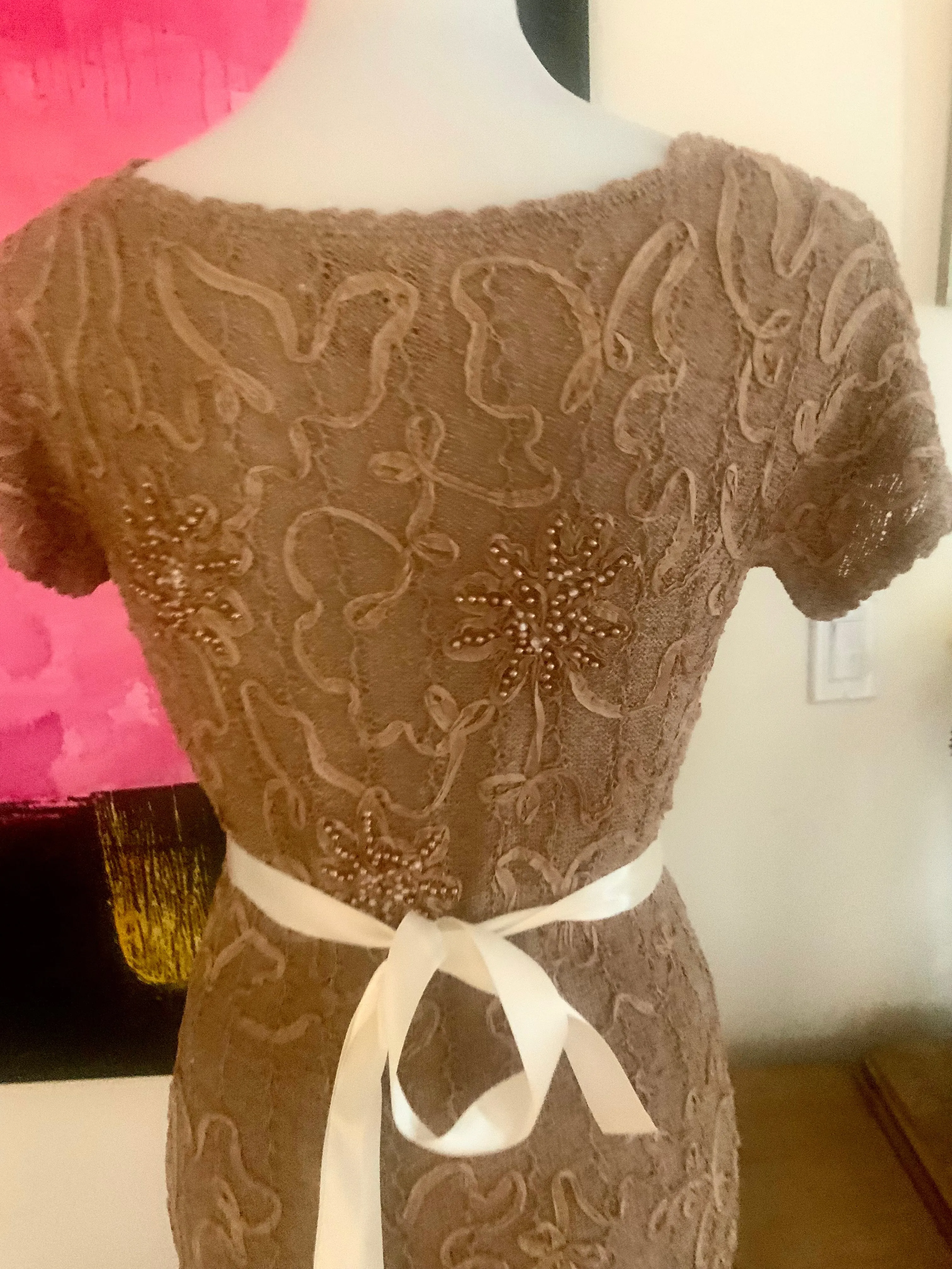 Knitted Dress, Beaded, Soutache Ribbon Embroidery - 30s