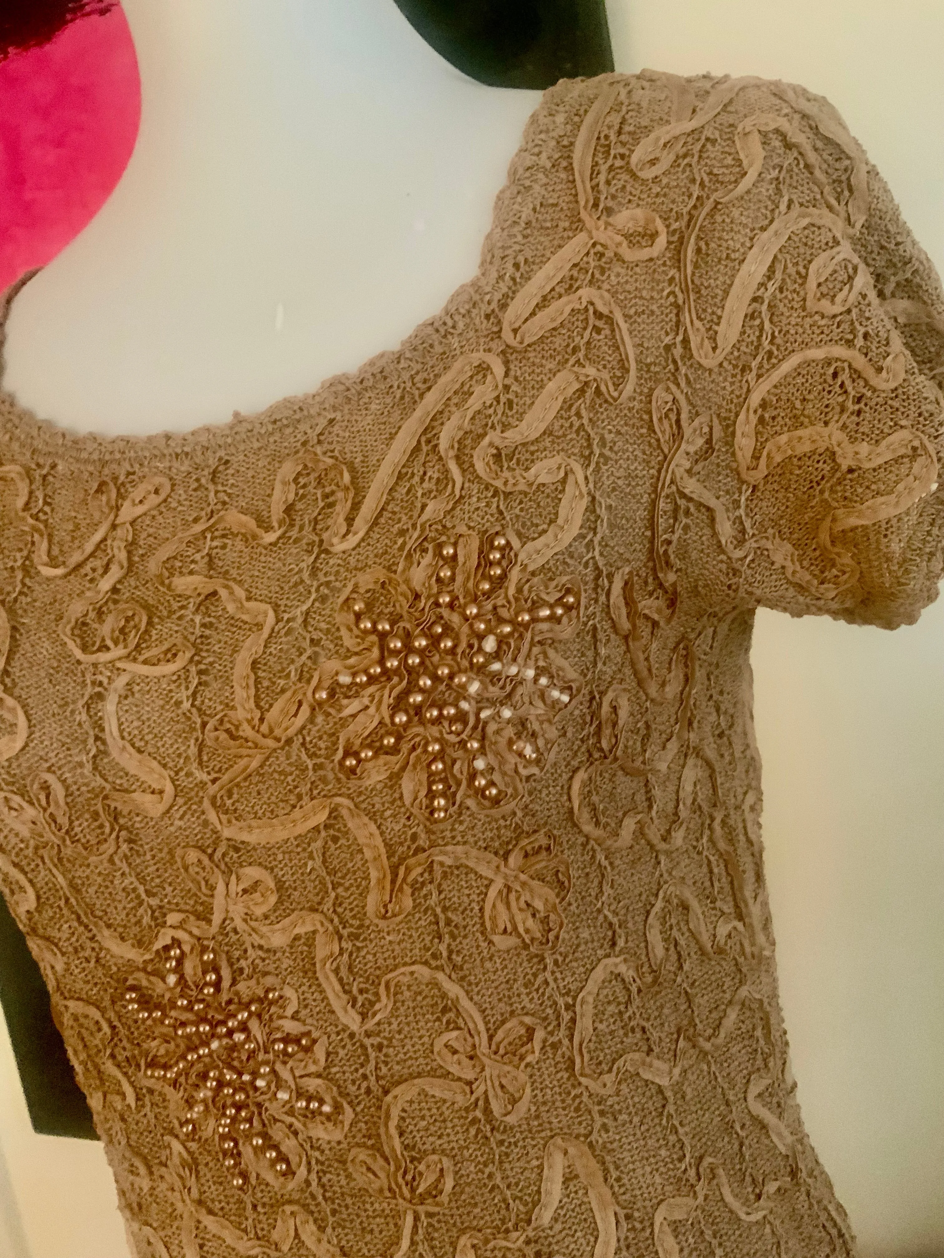 Knitted Dress, Beaded, Soutache Ribbon Embroidery - 30s