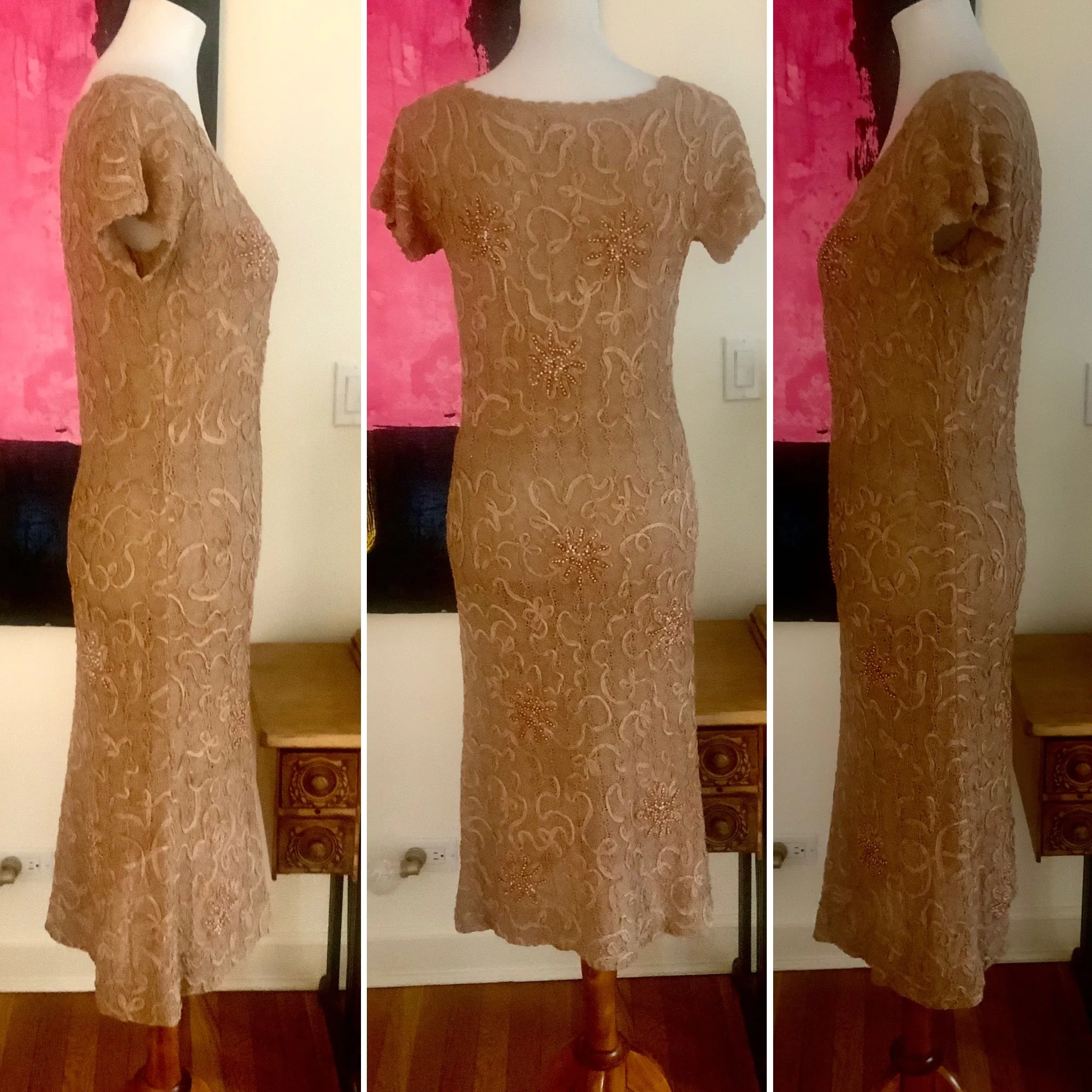 Knitted Dress, Beaded, Soutache Ribbon Embroidery - 30s