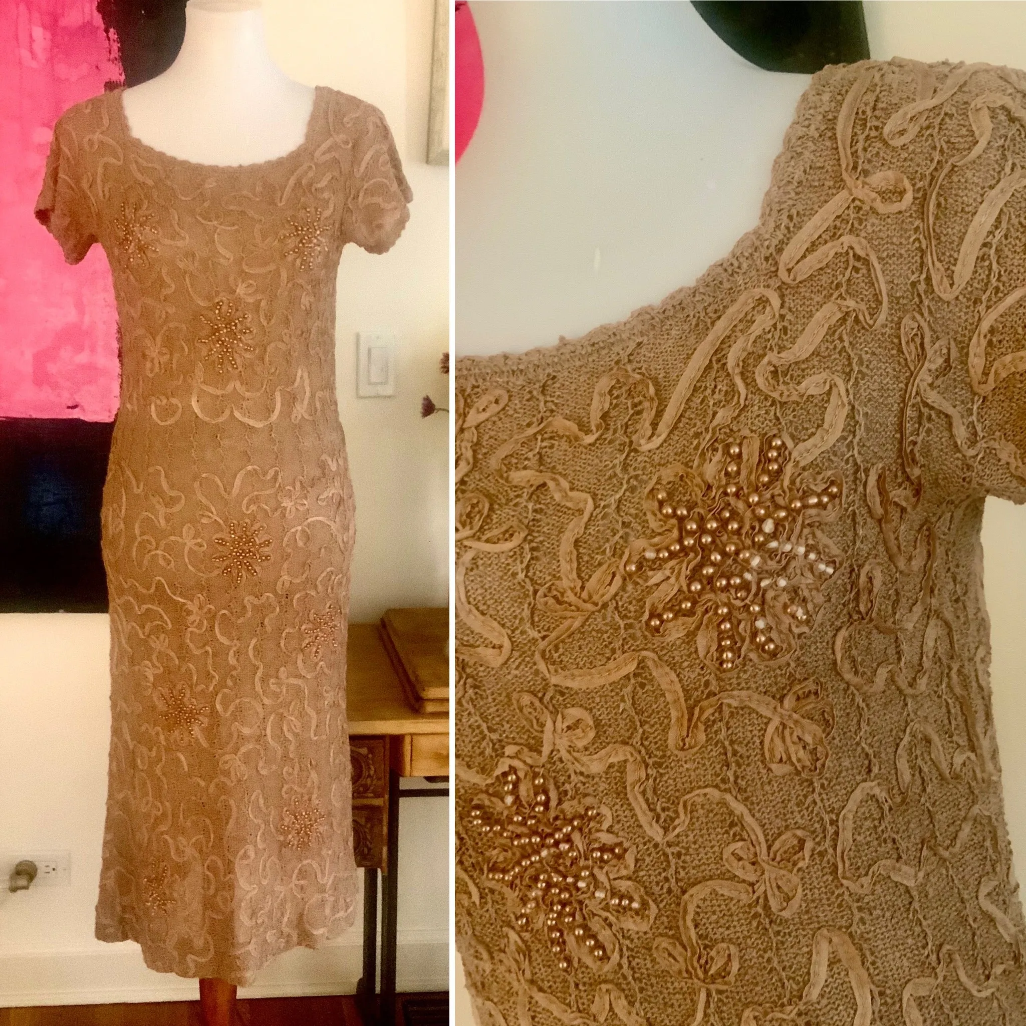 Knitted Dress, Beaded, Soutache Ribbon Embroidery - 30s
