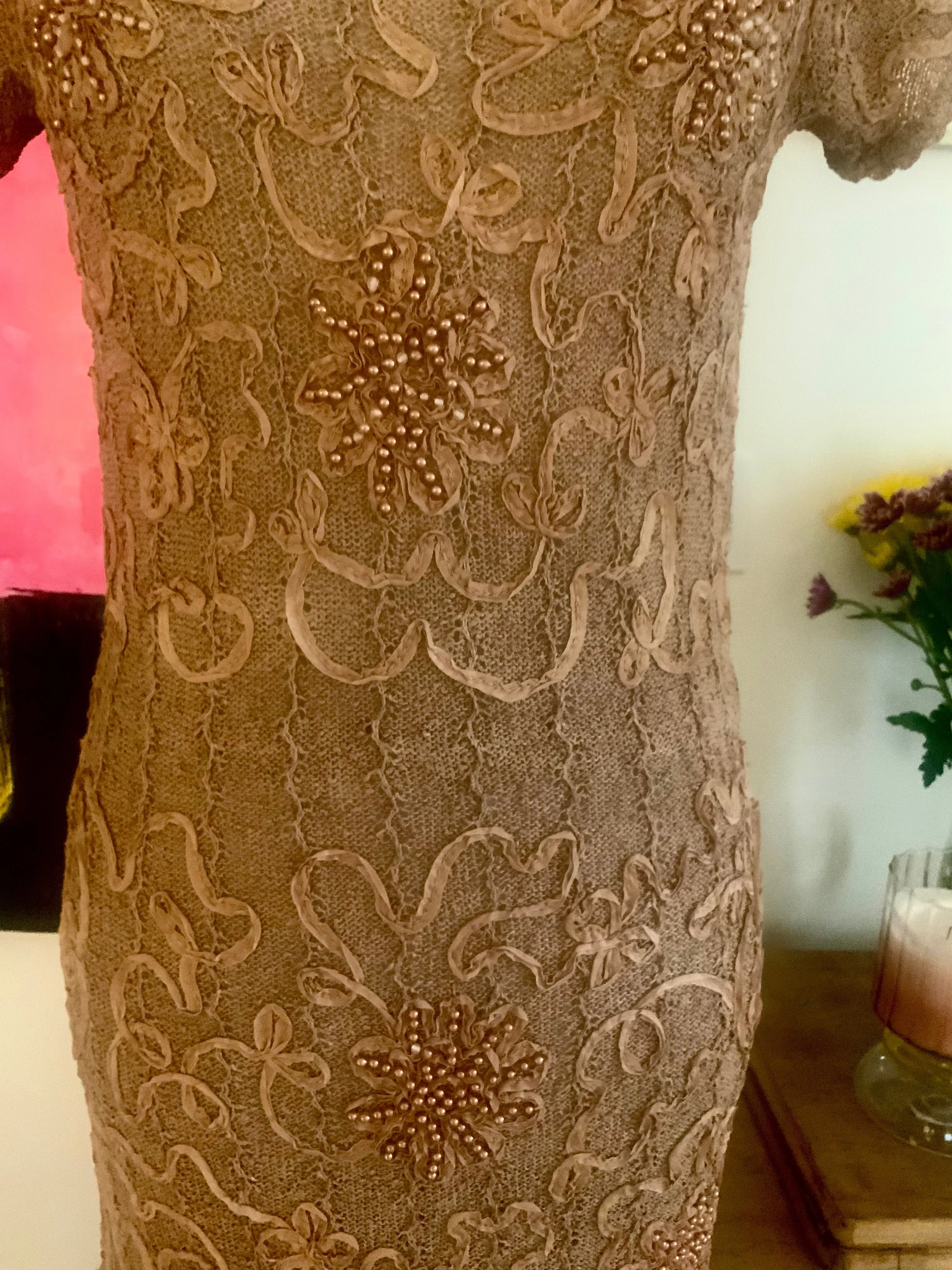 Knitted Dress, Beaded, Soutache Ribbon Embroidery - 30s