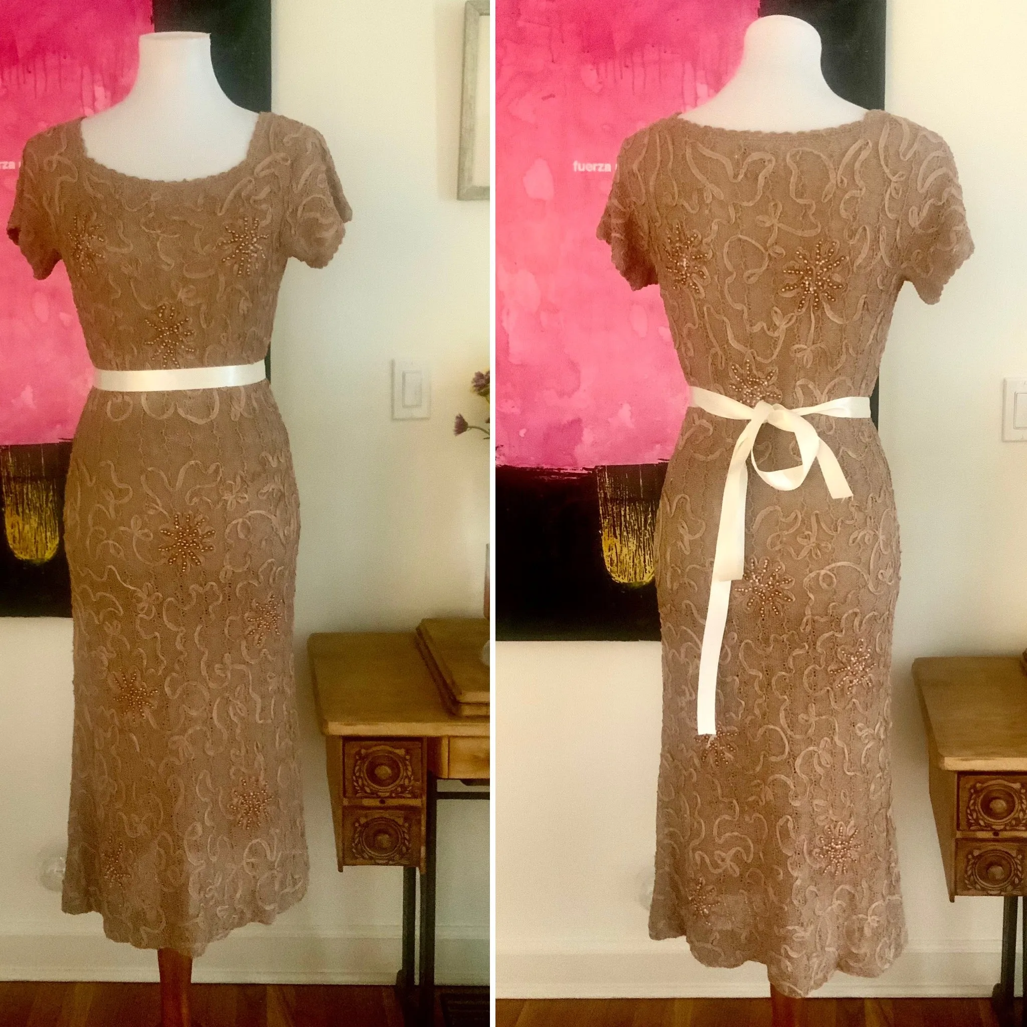 Knitted Dress, Beaded, Soutache Ribbon Embroidery - 30s
