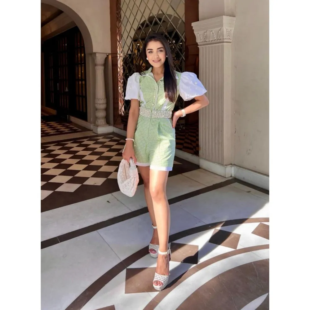 Label Deepika Nagpal Green Checks Playsuit With Pearl Embellished Belt (Set of 2)