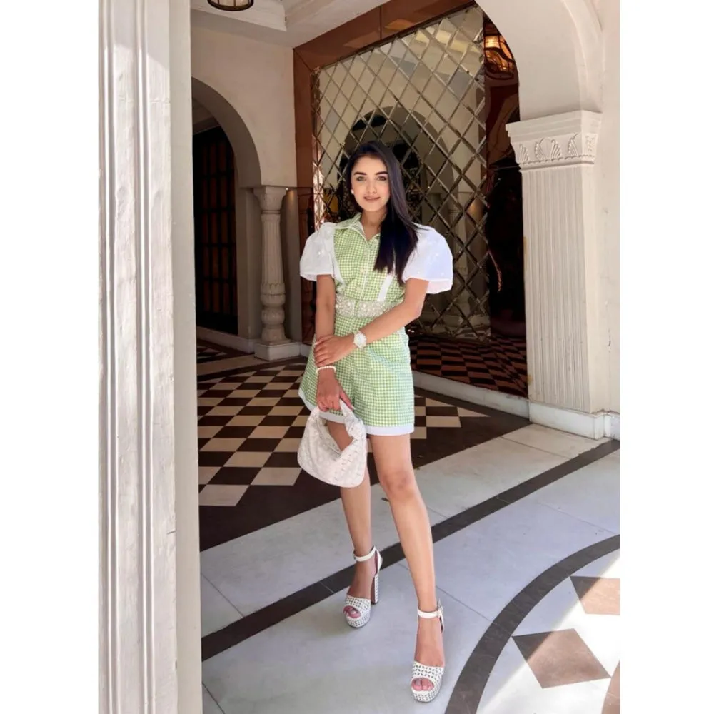 Label Deepika Nagpal Green Checks Playsuit With Pearl Embellished Belt (Set of 2)
