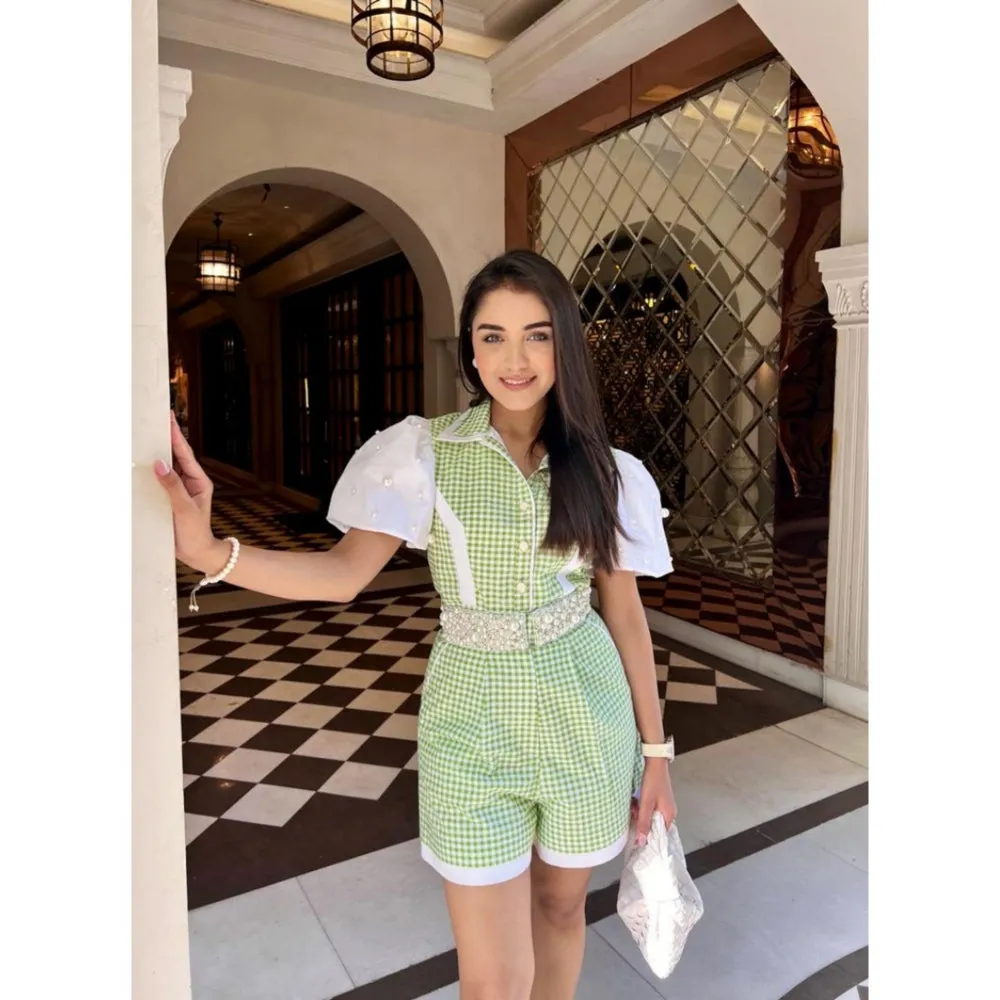 Label Deepika Nagpal Green Checks Playsuit With Pearl Embellished Belt (Set of 2)