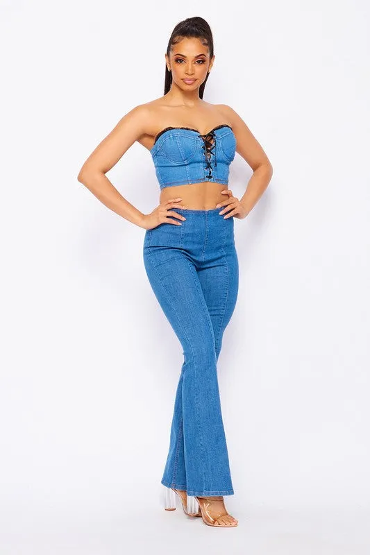 Lace Up Front To & Bell Bottom Pants Set