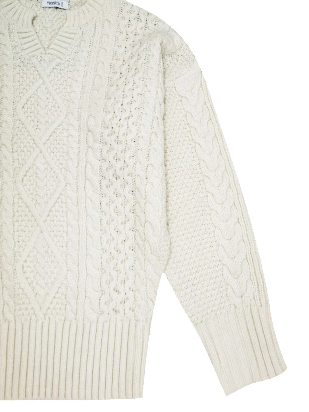 Ladies  Cream Ribbed V Neck Chunky Cable Knit Jumper