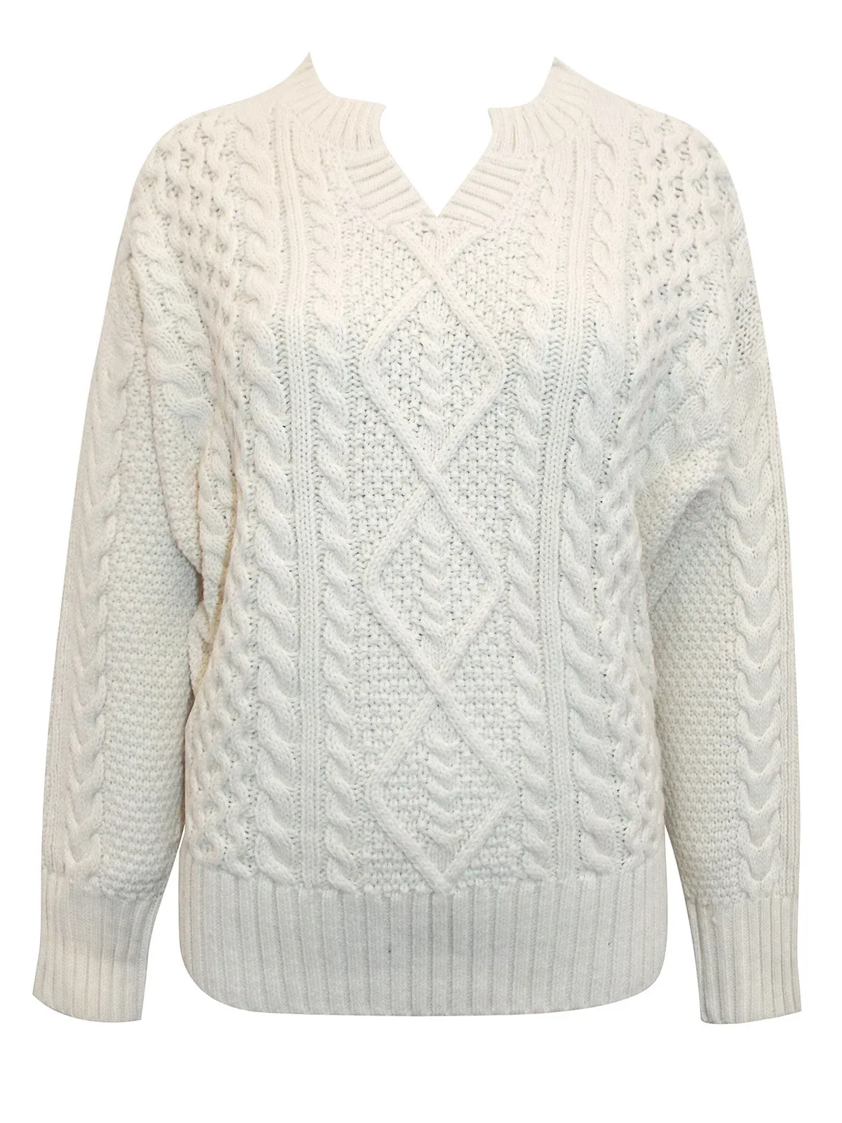 Ladies  Cream Ribbed V Neck Chunky Cable Knit Jumper