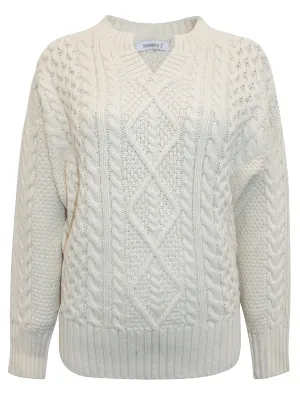 Ladies  Cream Ribbed V Neck Chunky Cable Knit Jumper