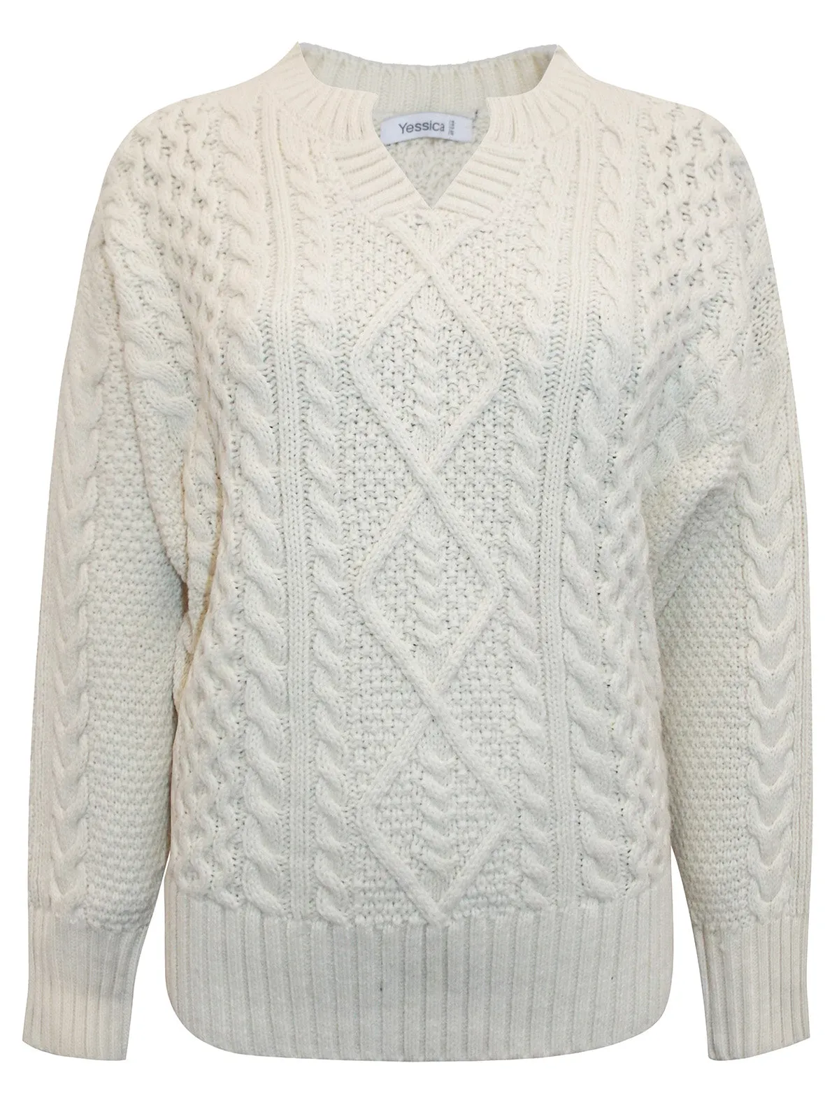 Ladies  Cream Ribbed V Neck Chunky Cable Knit Jumper