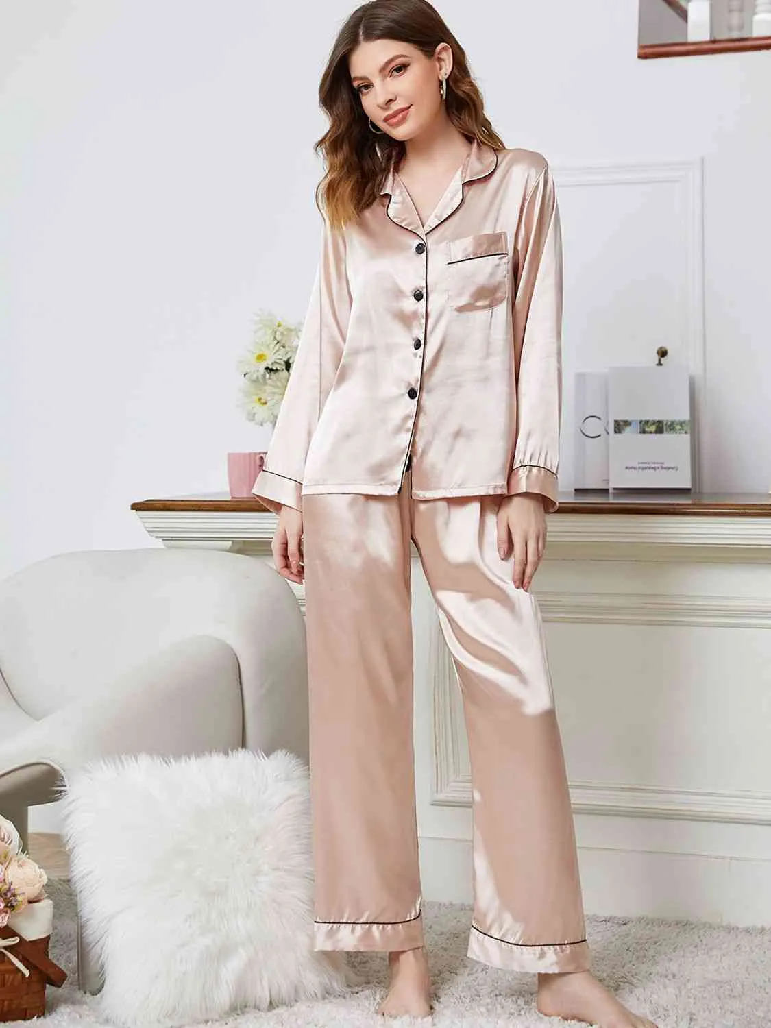 Lapel Collar Long Sleeve Top and Pants Pajama Set
