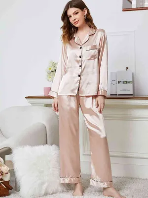 Lapel Collar Long Sleeve Top and Pants Pajama Set
