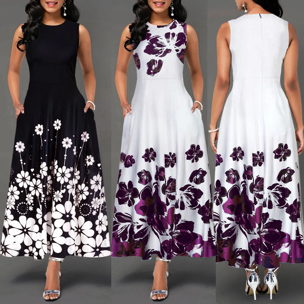 Large Size Elegant Women's Floral Print Long Maxi Dress Evening Party Beach Dress Summer Sleeveless Long Flower Sun dresses