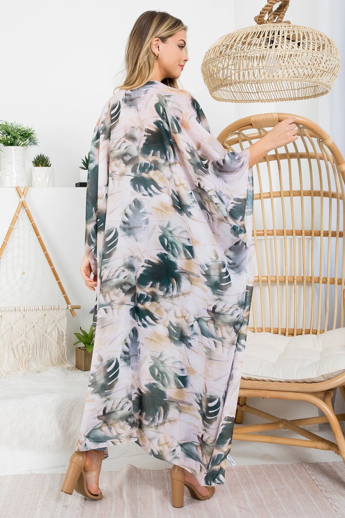 LEAF PRINT BOHEMIIAN OPEN FRONT LONG KIMONO