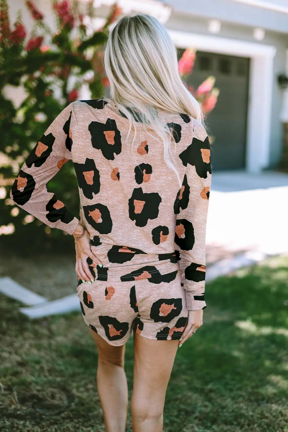 Leopard Animal Print Long Sleeve Pullover and Shorts Casual Outfit