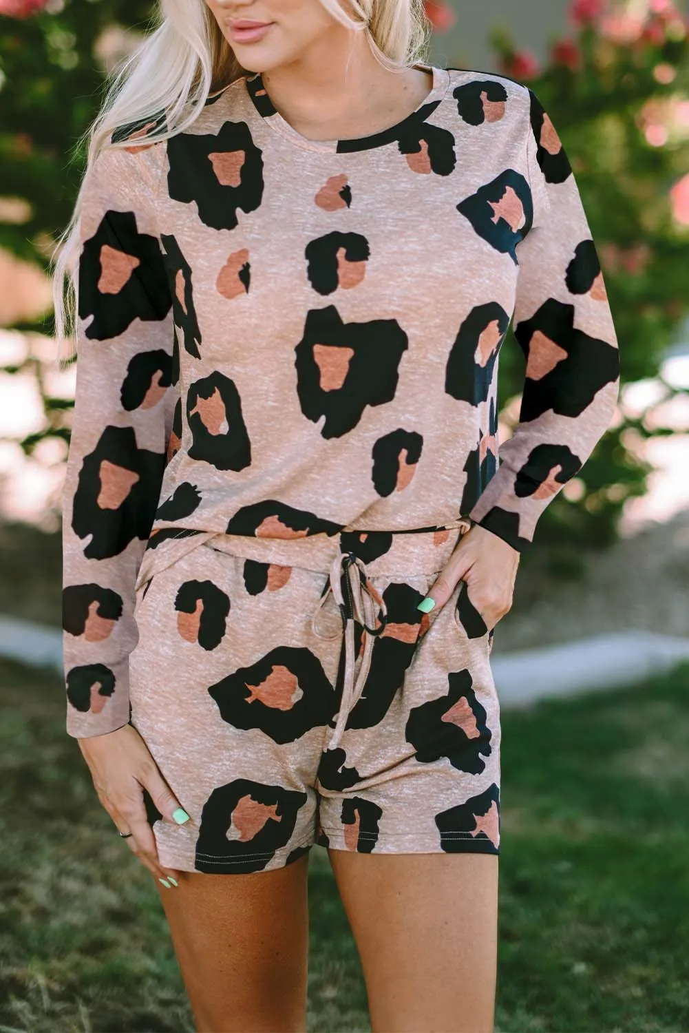 Leopard Animal Print Long Sleeve Pullover and Shorts Casual Outfit