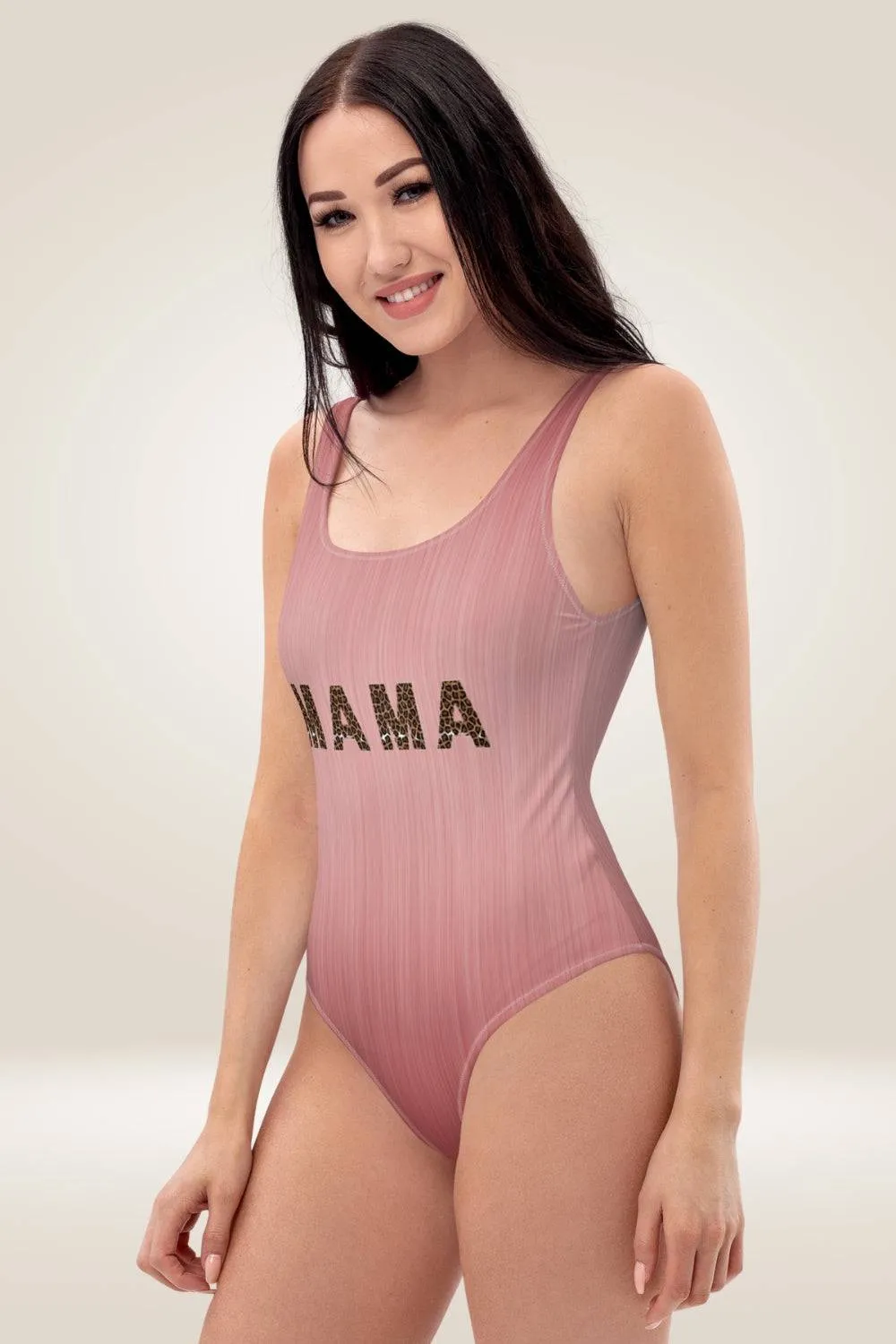 Leopard Print "Mama" Blush Pink One Piece Swimsuit
