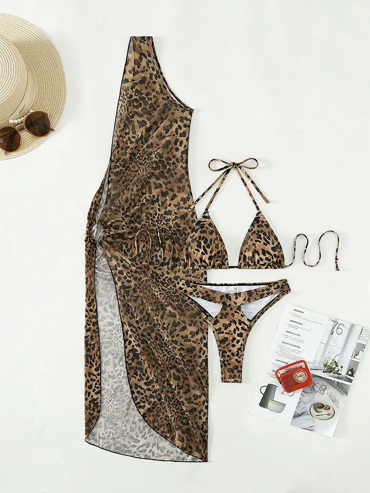 Leopard Print Three-piece Halter Neck Lace Swimwear