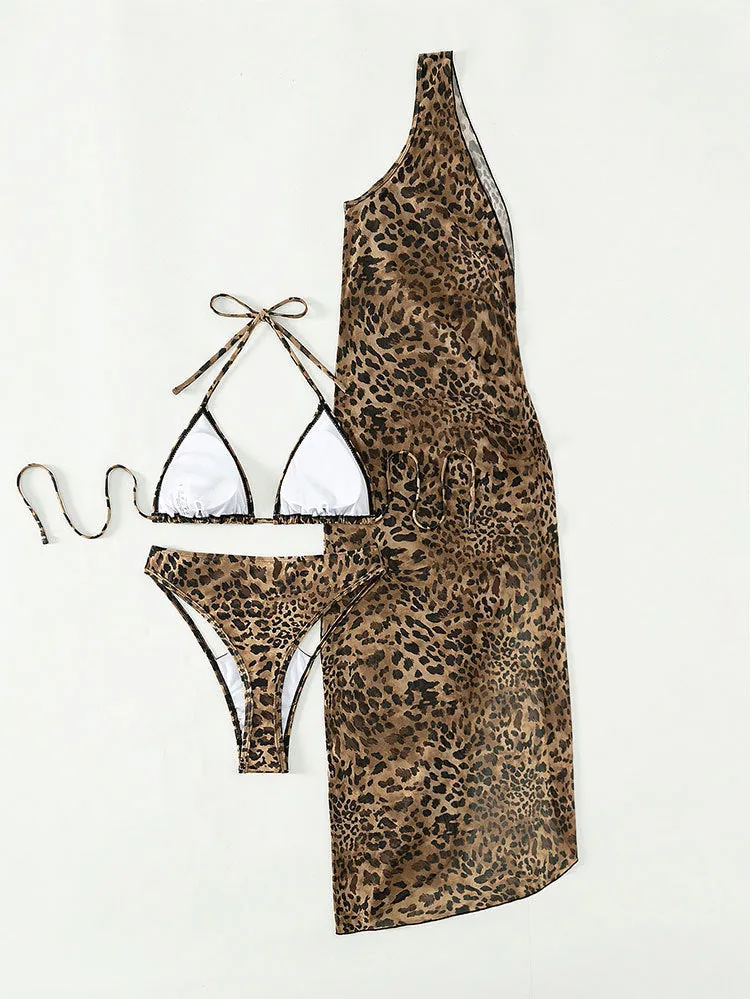 Leopard Print Three-piece Halter Neck Lace Swimwear