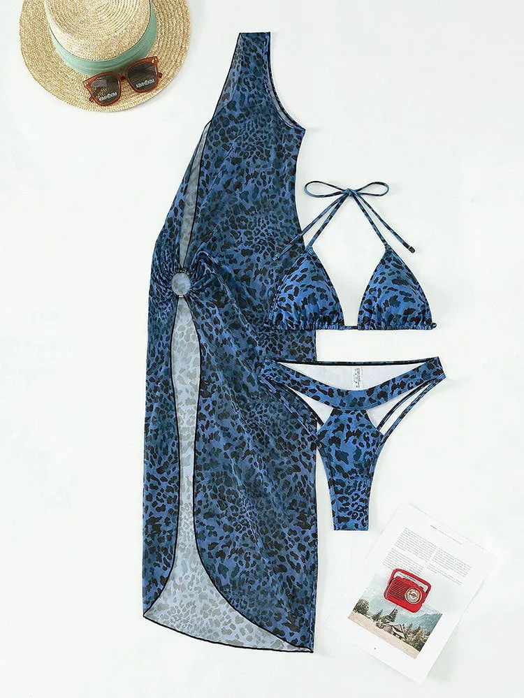 Leopard Print Three-piece Halter Neck Lace Swimwear