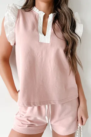 Light Pink Color Block Ruffled Top and Drawstring Shorts Set