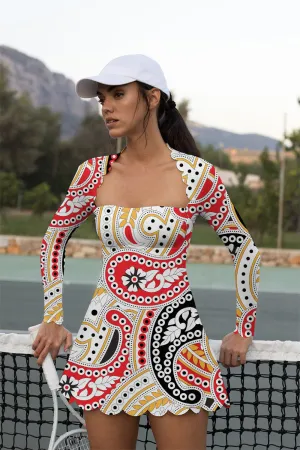 Lina Tennis Dress (Red Paisley Pop) – Women's Athletic Mini Dress with Built-in Shorts & Bra