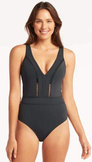 Lola shimmer spliced plung one piece-charcoal