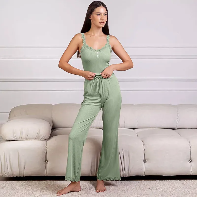 Luxe Harmony Ribbed Lace Trim Matching Lounge Set