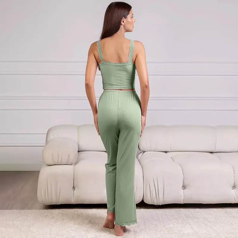 Luxe Harmony Ribbed Lace Trim Matching Lounge Set