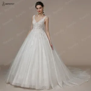 Luxury V Neck Crystal Wedding Dresses Sleeveless Court Train Beading