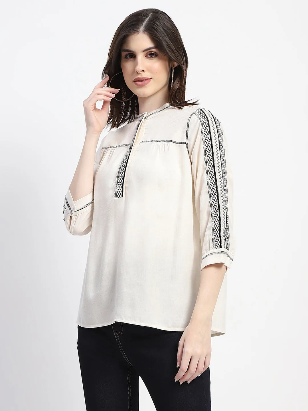 Madame Embroidered Off White Top