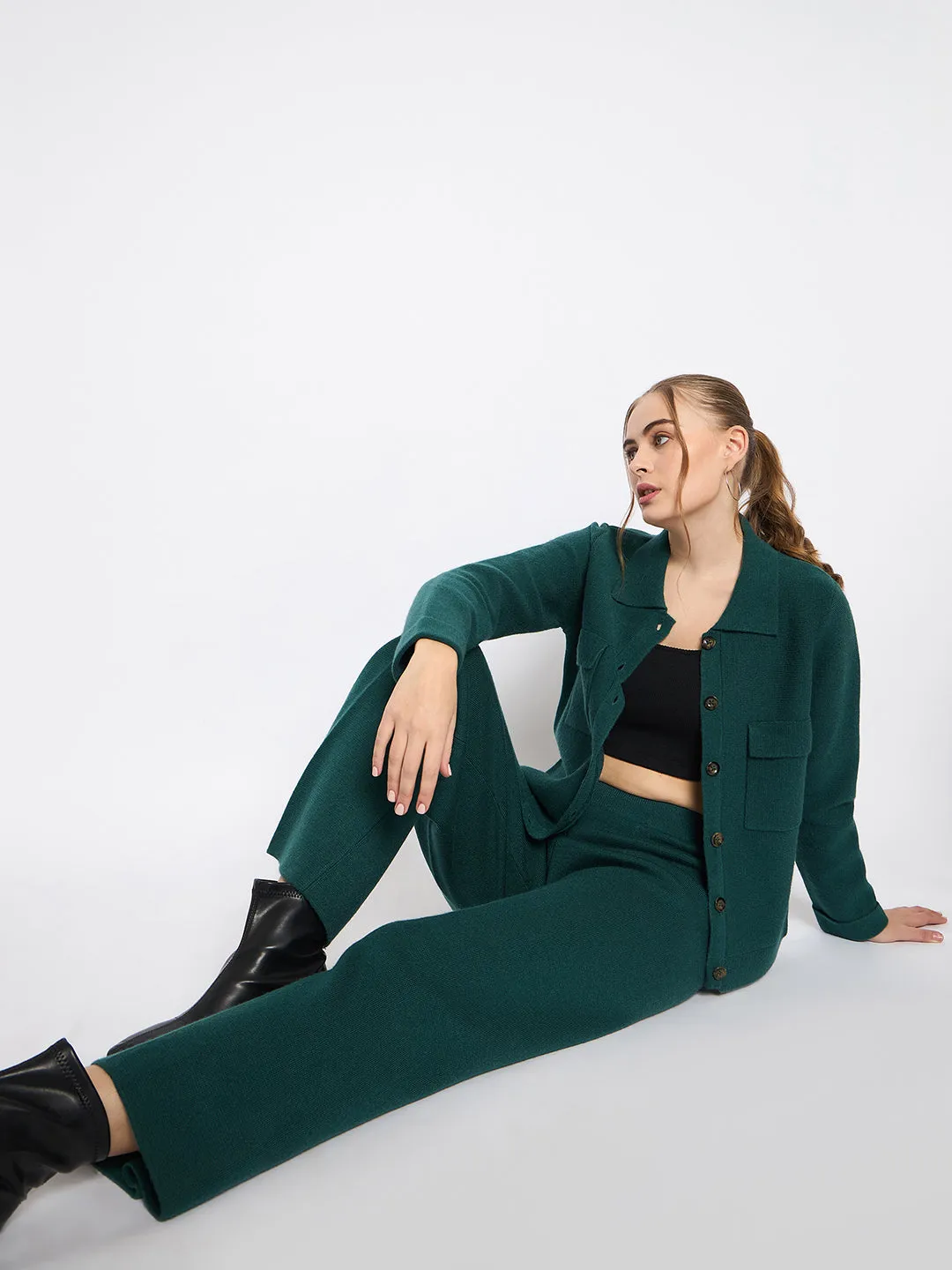 Madame Shirt and Bottoms Green Nylon Blend Co-ord Set