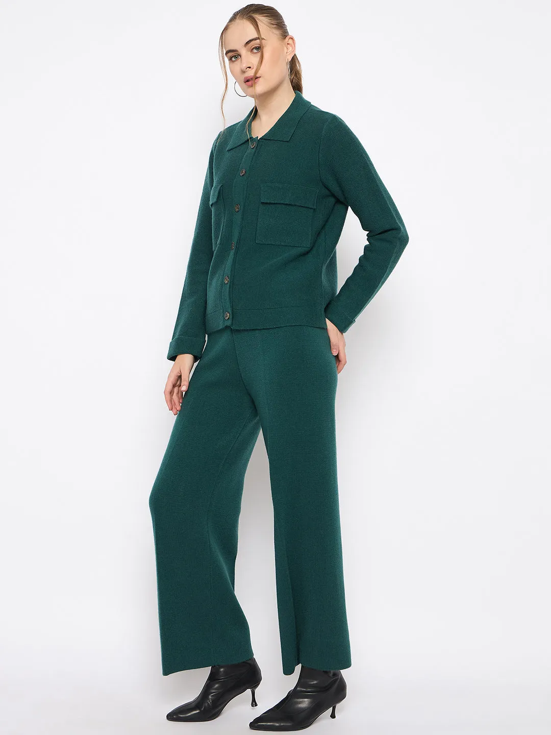 Madame Shirt and Bottoms Green Nylon Blend Co-ord Set