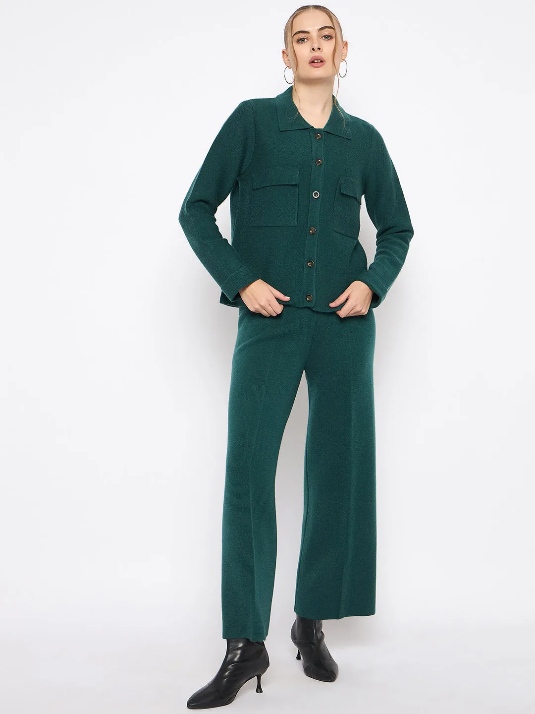 Madame Shirt and Bottoms Green Nylon Blend Co-ord Set